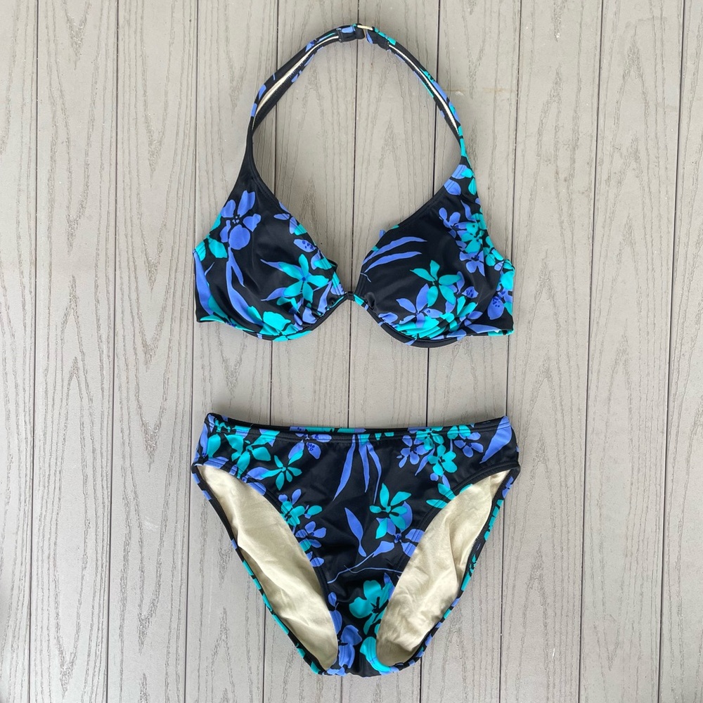 Y2k VS Black Blue Floral Print Underwire Bikini Set